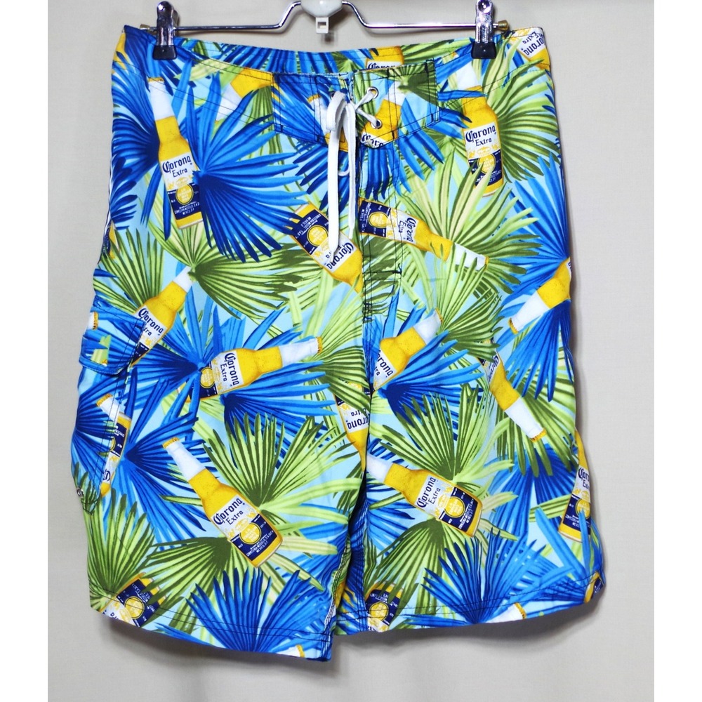 Corona Extra Board Shorts Men's L? Blue Green Tropical‎ Palm Swim Trunks Cargo